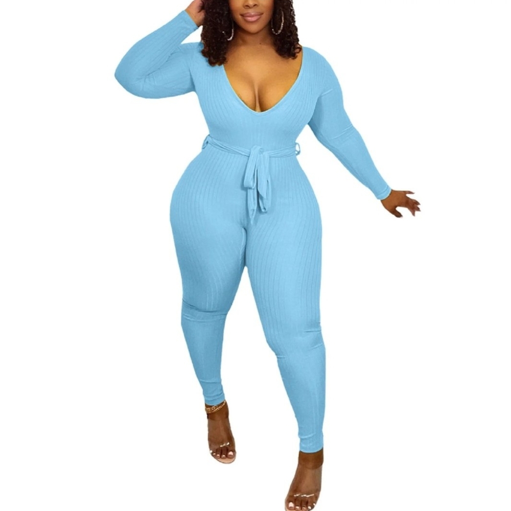 NIB Blue Ribbed Jumpsuit With Belt